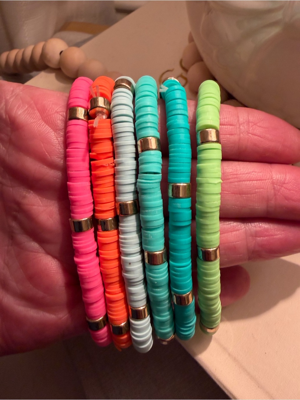 Summer Heishi Bead Bracelet Stack Set of 6 Neon Stretch Bracelets Boho Beach